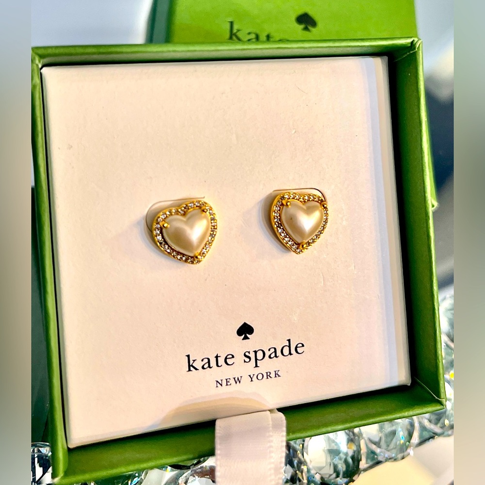 Kate Spade puffy faux Pearl Heart surrounded by cubic zirconia Post Earrings NWT